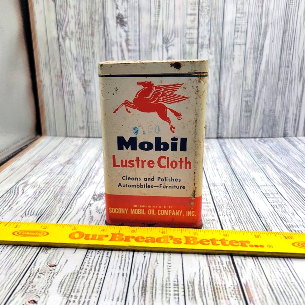 Vintage 1950's Mobil Lustre cloth tin with original cloth.